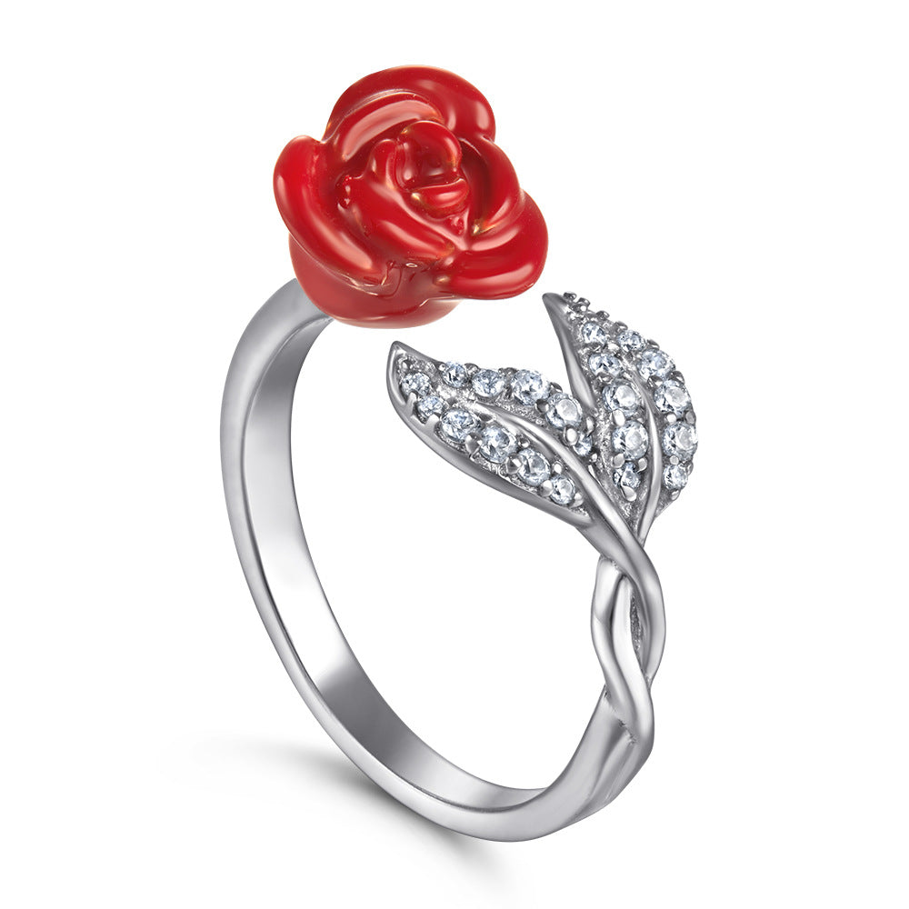 Dainty 925 Sterling Silver Rose Ring with Leaf Detail | Adjustable Open Unique Floral Design