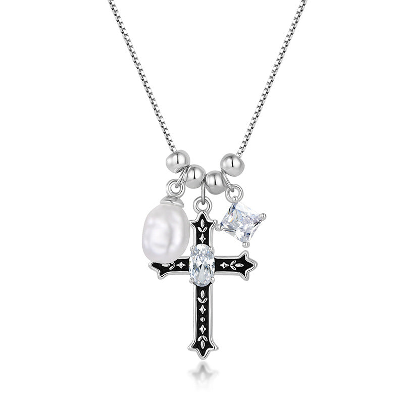 Vintage Distressed Cross Necklace - Unisex Minimalist Pendant with Pearl & Zircon, Dainty Stylish Collarbone Chain for Daily Wear
