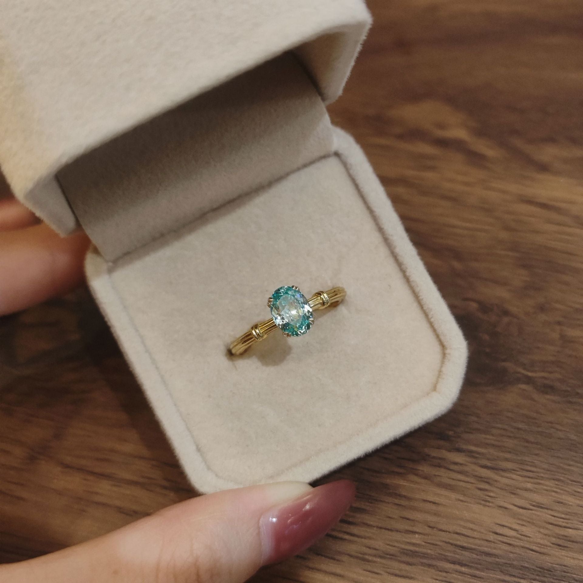 Aura 6x8mm Oval Cut Moissanite Ring for Women, Sterling Silver Gold Plated Paraiba Blue Stacking Ring, Dainty & Elegant Jewelry