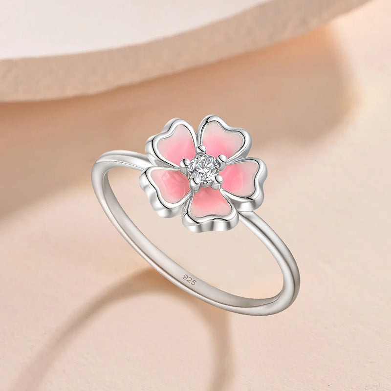 S925 Sterling Silver Cherry Blossom Resin Ring | Dainty Floral Stacking Ring for Women