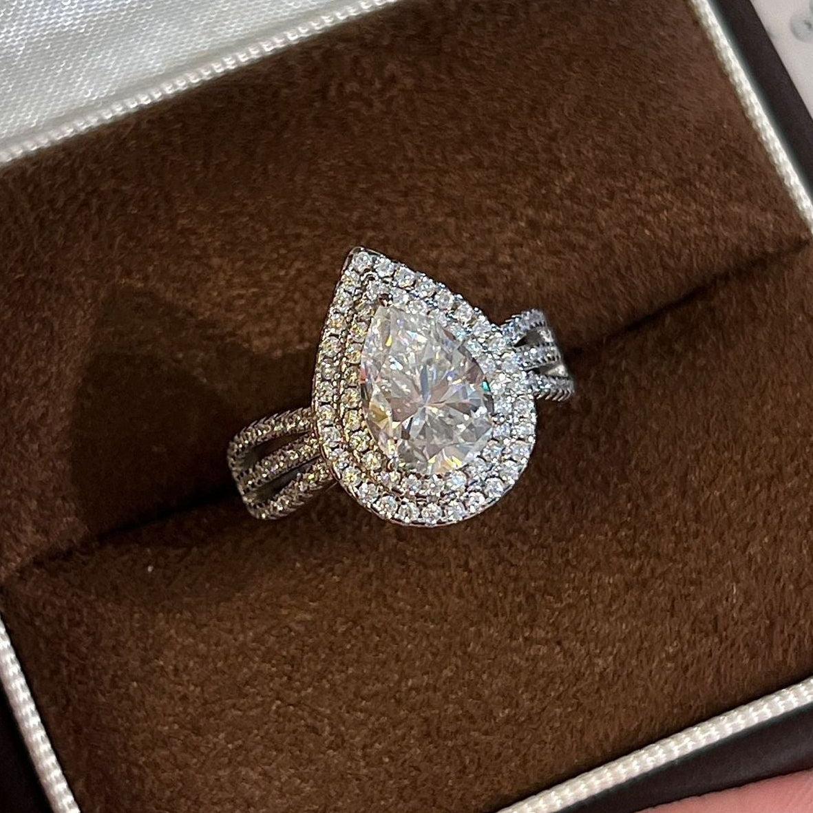 2 Carat Pear Shape Moissanite Halo Ring in Sterling Silver - Luxurious Engagement Band