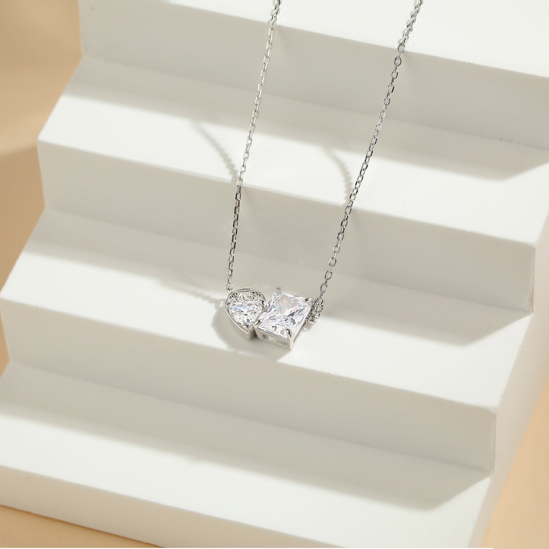 2CT Square Zirconia Double Ring Necklace – Sterling Silver 925 Minimalist Pendant for Women