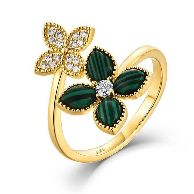 Adjustable Malachite Clover Ring | Four Leaf Luck Bohemian Statement Ring for Women