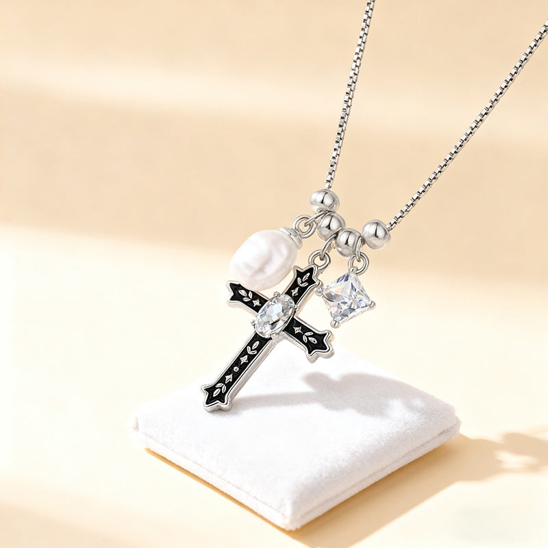 Vintage Distressed Cross Necklace - Unisex Minimalist Pendant with Pearl & Zircon, Dainty Stylish Collarbone Chain for Daily Wear