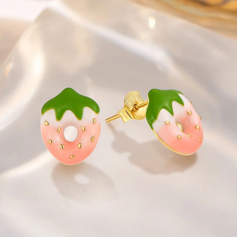 Kawaii Strawberry Stud Earrings - 925 Sterling Silver Cute Resin Jewelry