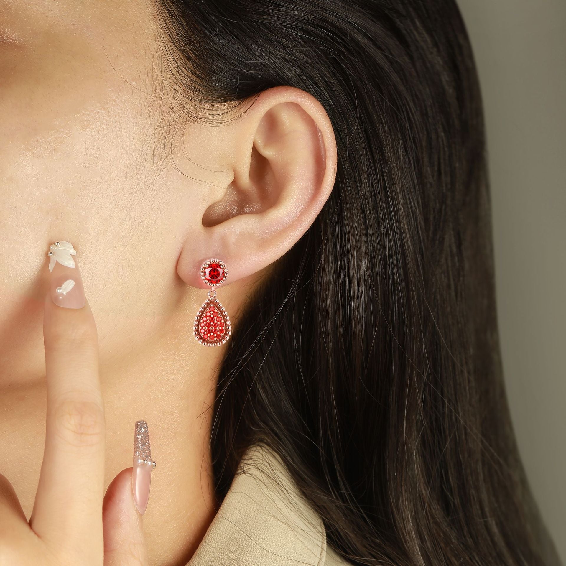 Bohemian Ruby Zircon Drop Earrings – S925 Silver Waterfall Dangle Earrings for Women, Hypoallergenic Gift