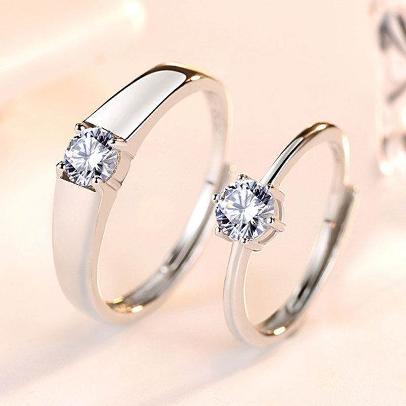 S925 Sterling Silver Couple Rings Set of 2 - Minimalist Original Design Engagement Wedding Bands with Sparkling Zircon Diamonds