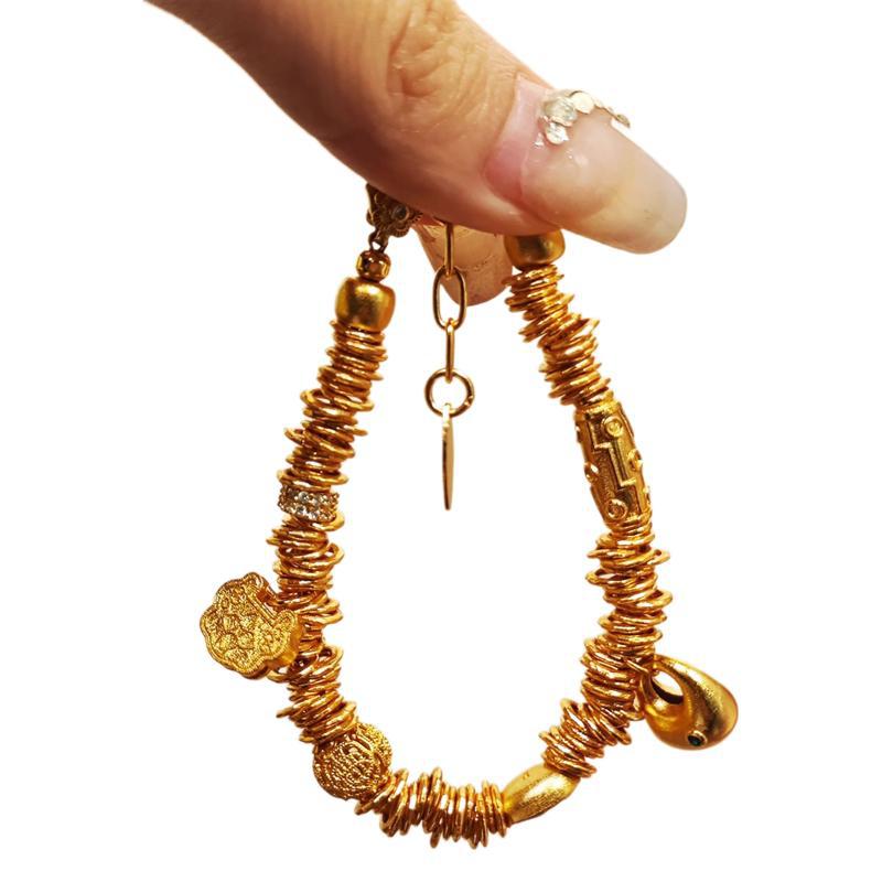 Wrapped Coin & Beaded Accents Bracelet, Gold Plated S925 Silver Boho Retro Jewelry