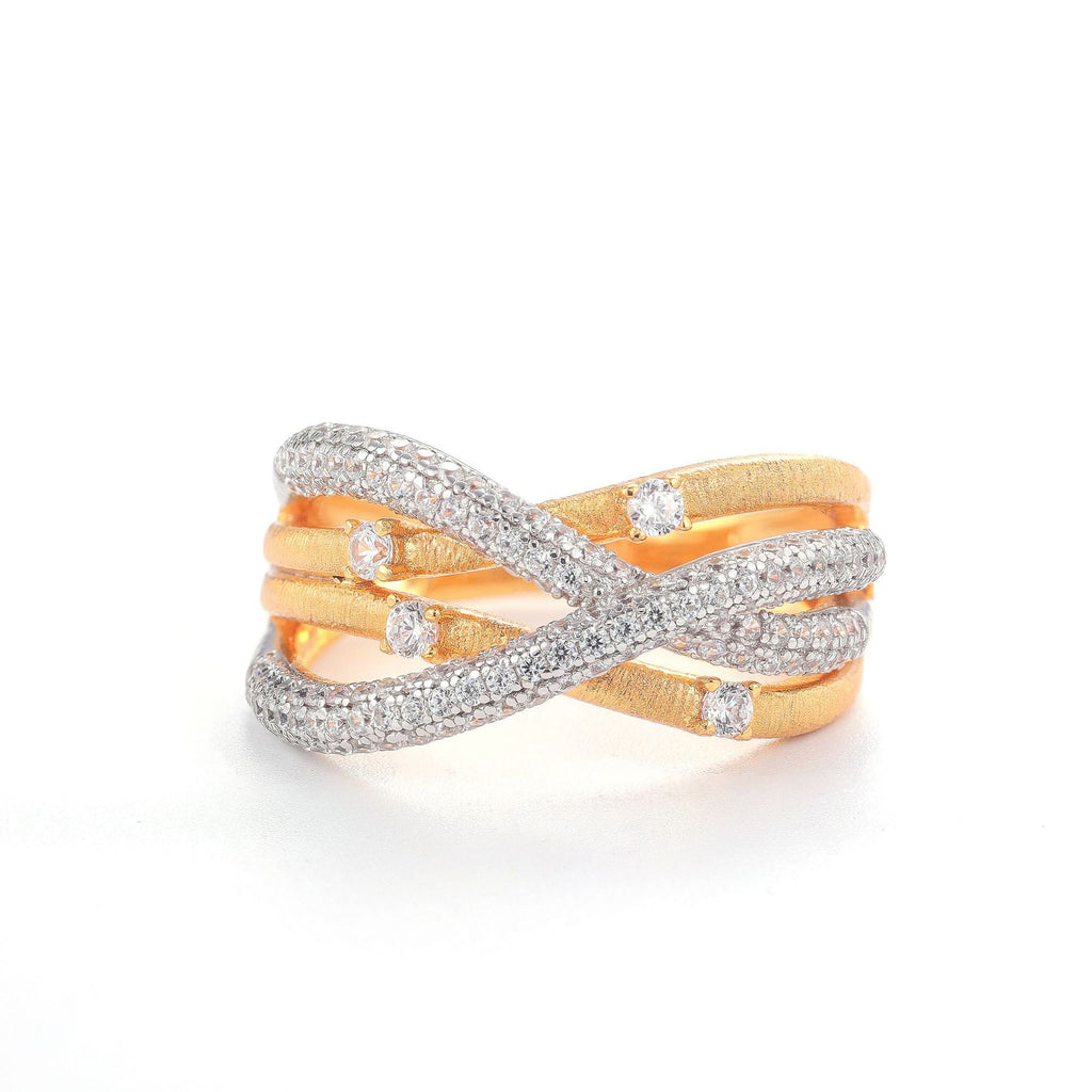 Sterling Silver Gold Plated Brushed Vine Ring - Oriental Vintage Openwork CZ Stone Elegant Versatile Band