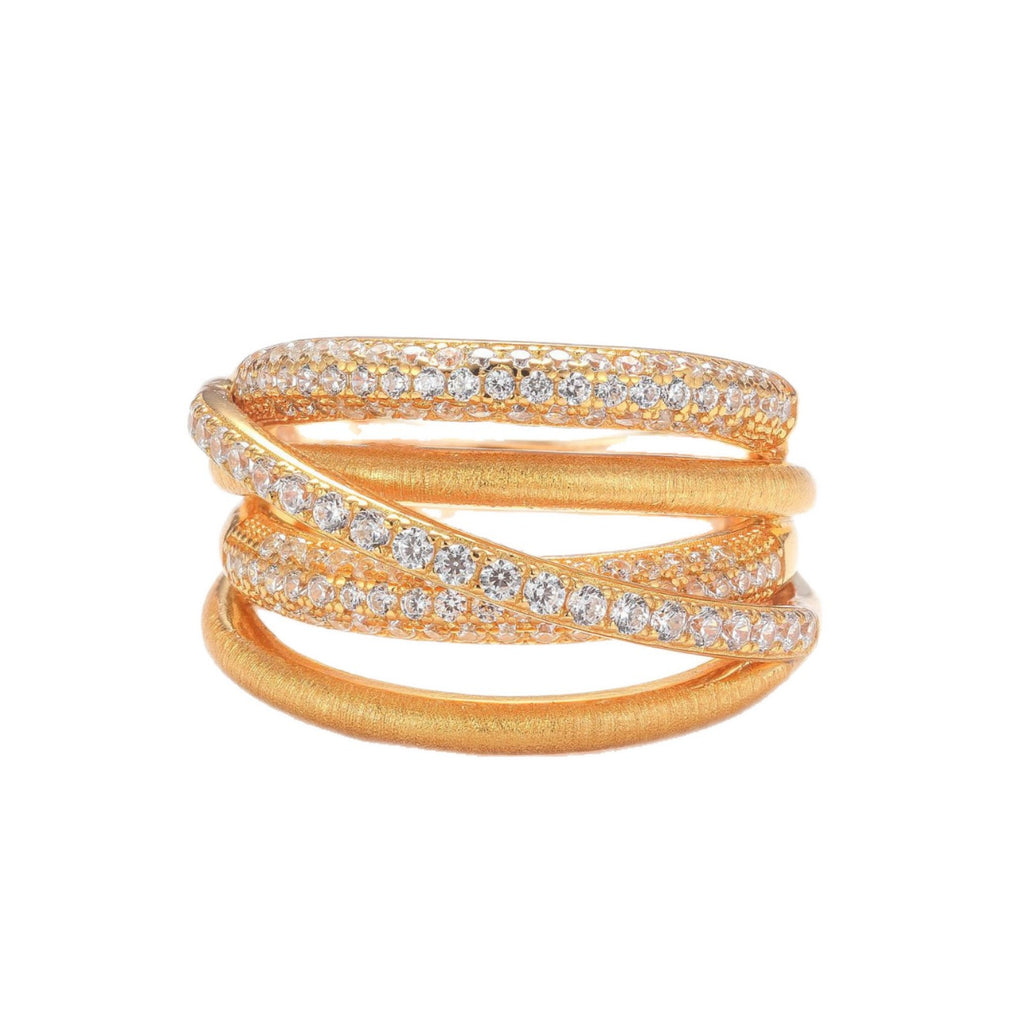 ‌Canary Stacking Ring for Women, Sterling Silver 18K Gold Plated Crisscross Vintage Ring with Diamond Accents