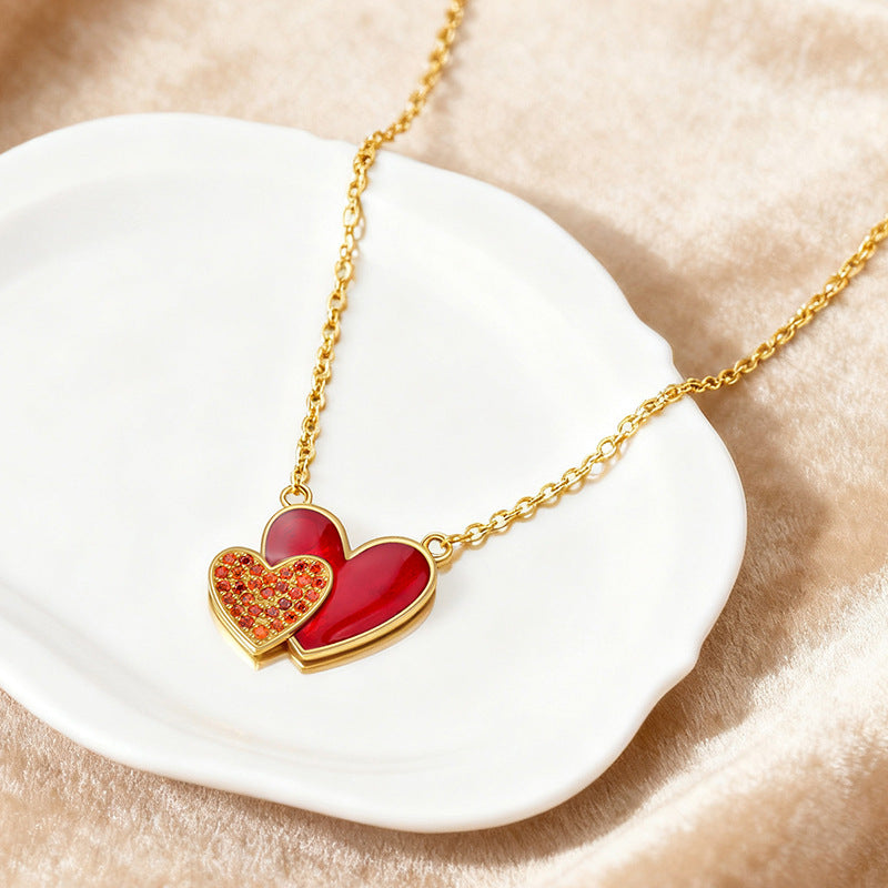 Dainty 925 Sterling Silver Enamel Heart Necklace with Orange Zircon - Double Layer Collarbone Chain, Minimalist Versatile Jewelry