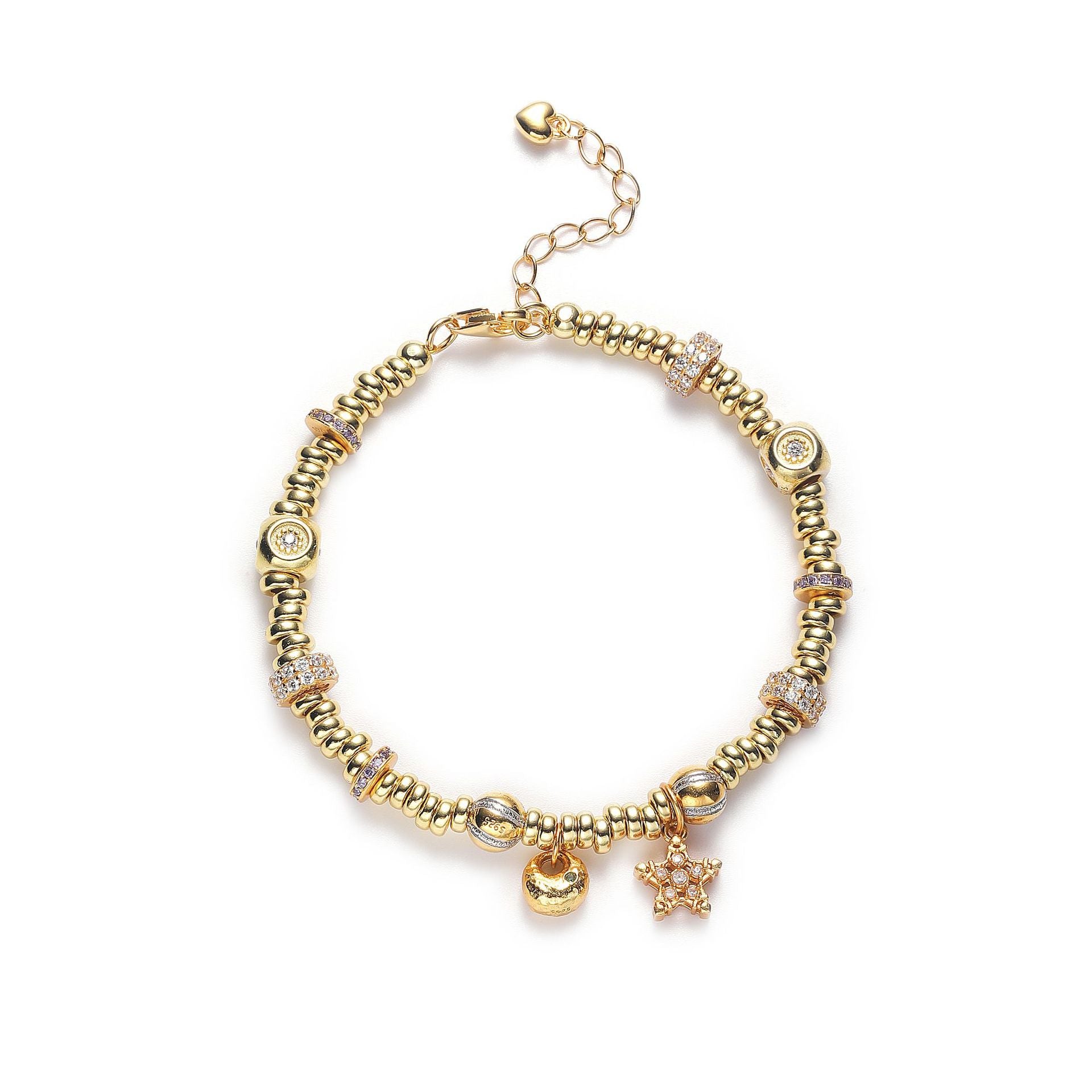 S925 Sterling Silver Gold Plated Star Bracelet - Intertwined Lock Charm Round Bead Unique Design Luxury Versatile Jewelry