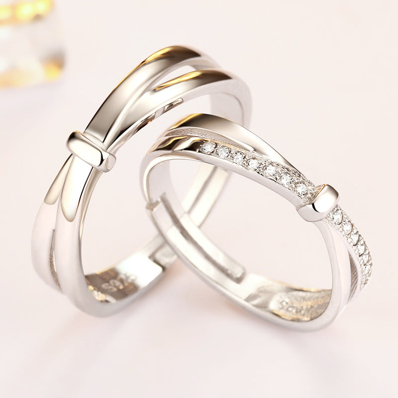 Couple's Matching Bow Ring Set - 925 Sterling Silver Adjustable CZ Wedding Bands (Trending on Instagram)