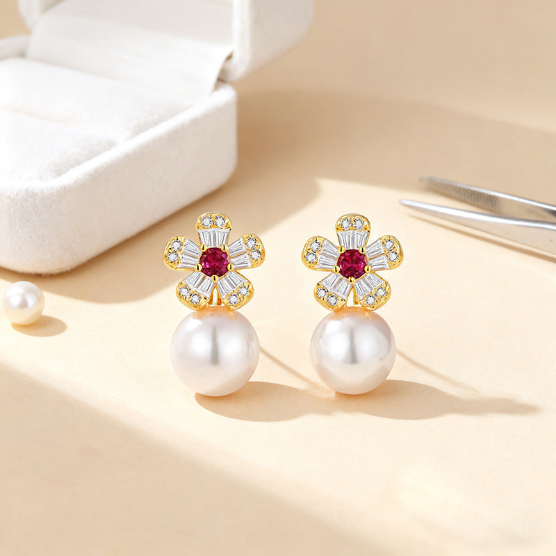 Minimalist Flower Stud Earrings | Natural Freshwater Pearl & Zircon, High-End Chic Vibe