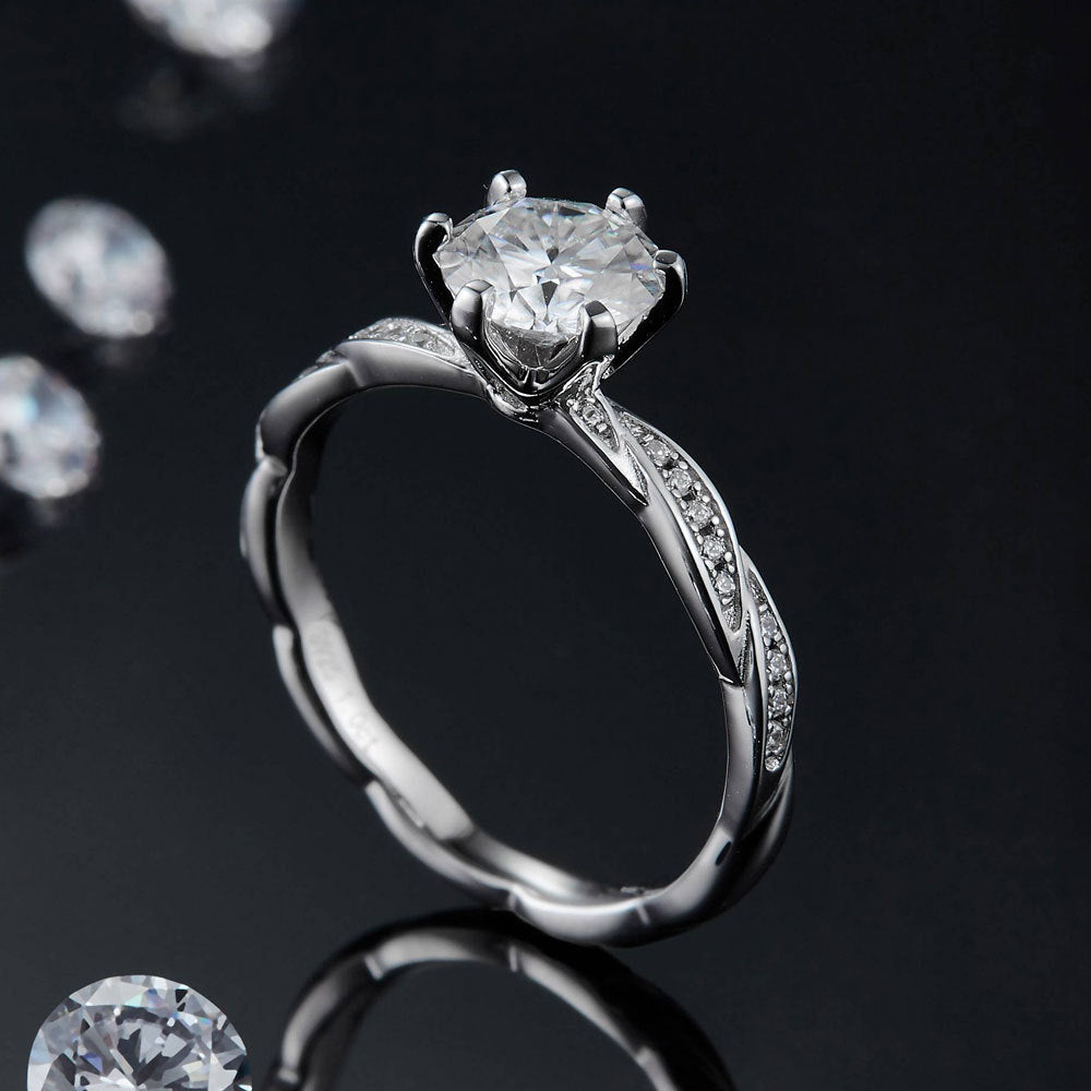 Twisted Geometric Moissanite Ring - Rhodium-Plated Sterling Silver Women's Jewelry