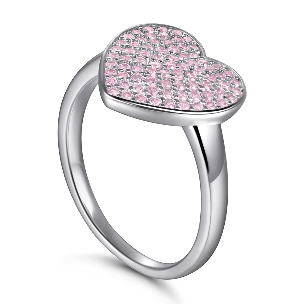 Large Heart 925 Sterling Silver Pink CZ Ring for Women - Heart-Shaped Single Band
