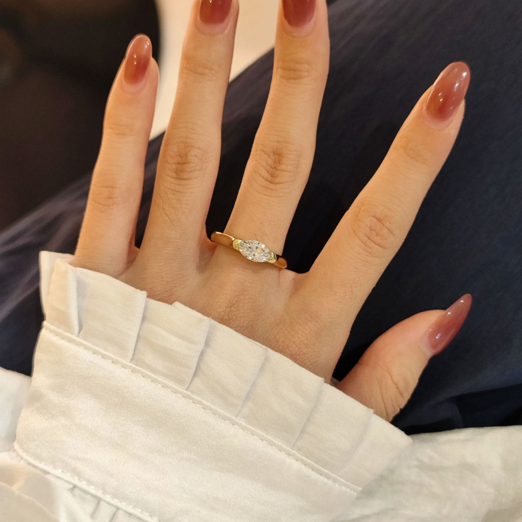 Marquise Moissanite Ring in Sterling Silver, 5x10mm Solitaire Engagement Ring for Women, Minimalist Wedding Band