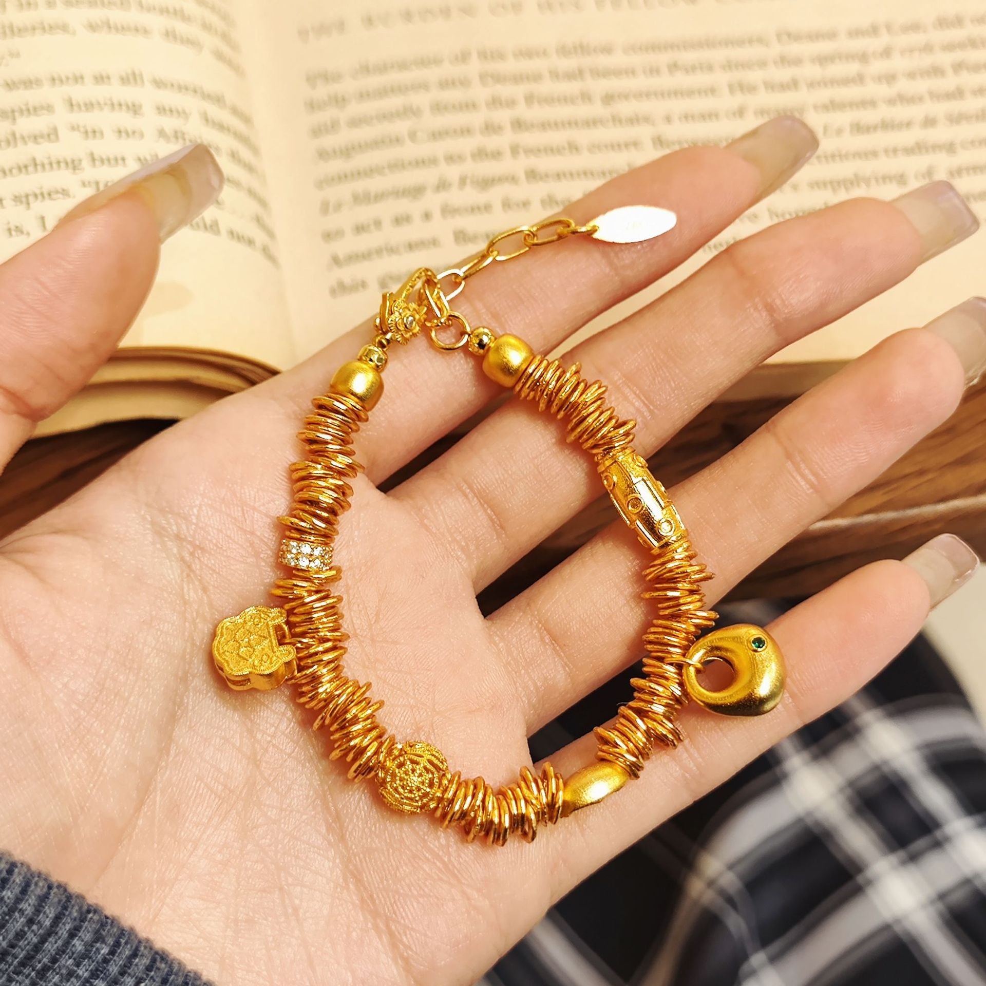 Wrapped Coin & Beaded Accents Bracelet, Gold Plated S925 Silver Boho Retro Jewelry