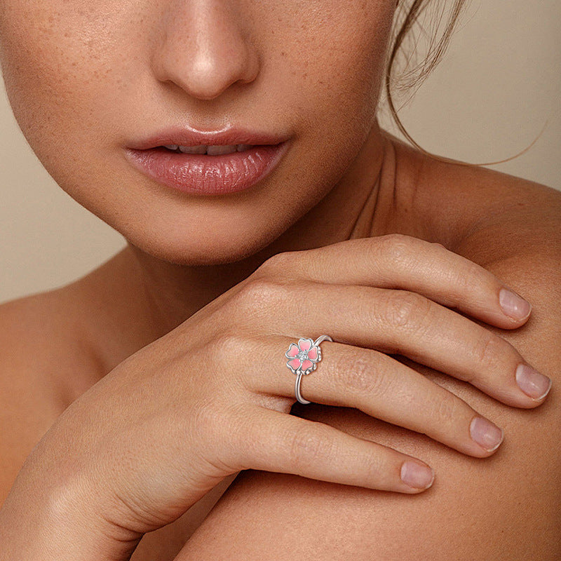 S925 Sterling Silver Cherry Blossom Resin Ring | Dainty Floral Stacking Ring for Women