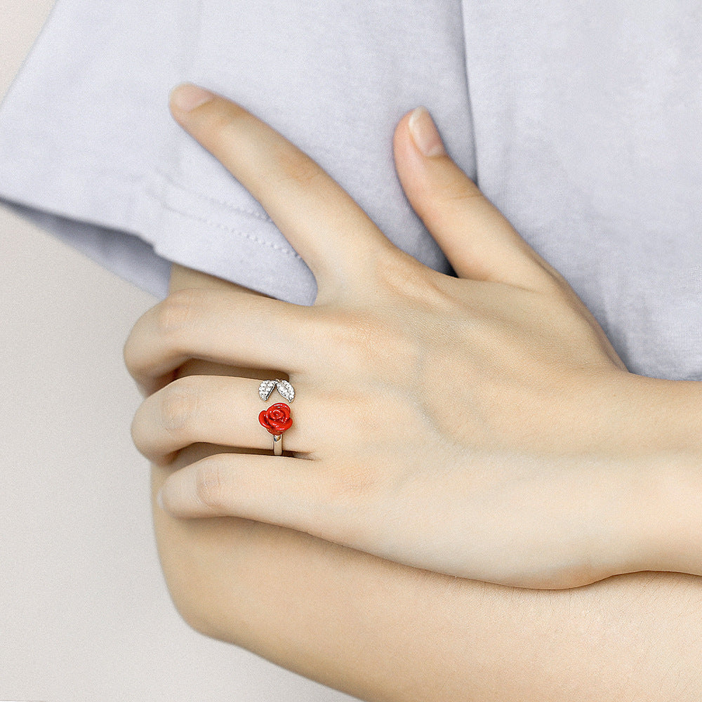 Dainty 925 Sterling Silver Rose Ring with Leaf Detail | Adjustable Open Unique Floral Design