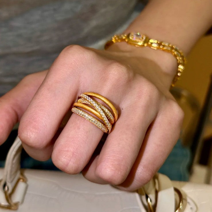 ‌Canary Stacking Ring for Women, Sterling Silver 18K Gold Plated Crisscross Vintage Ring with Diamond Accents