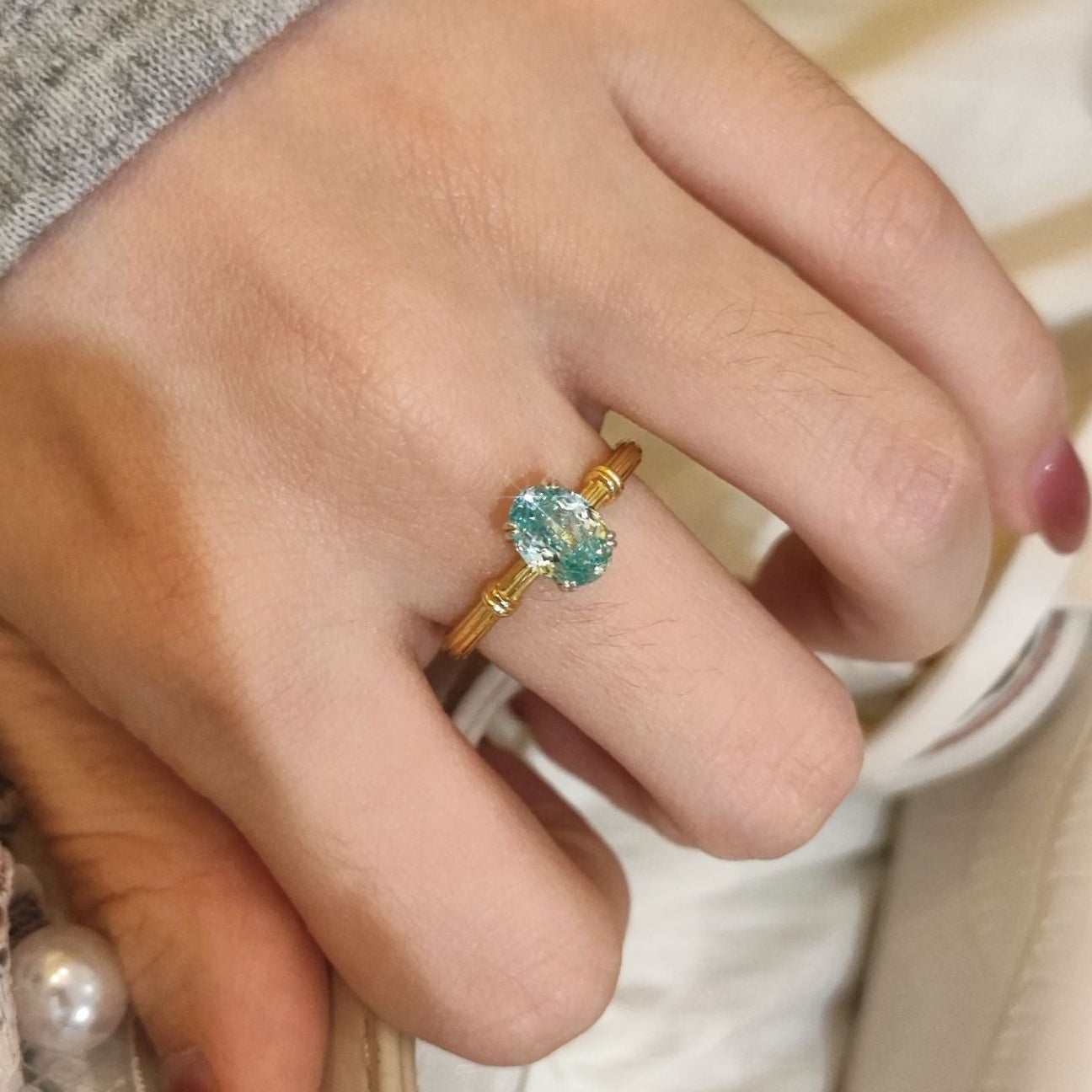 Aura 6x8mm Oval Cut Moissanite Ring for Women, Sterling Silver Gold Plated Paraiba Blue Stacking Ring, Dainty & Elegant Jewelry