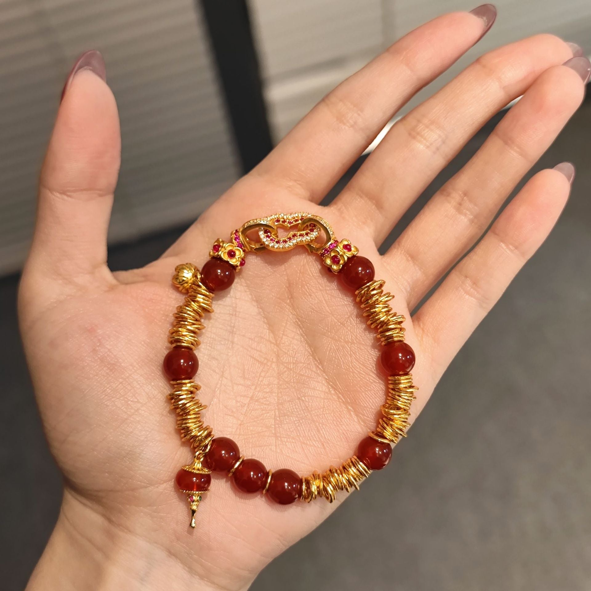 S925 Sterling Silver Gold Plated Red Agate Bracelet - Four Leaf Clover Intertwined Chain CZ Accent Delicate Beaded Bracelet