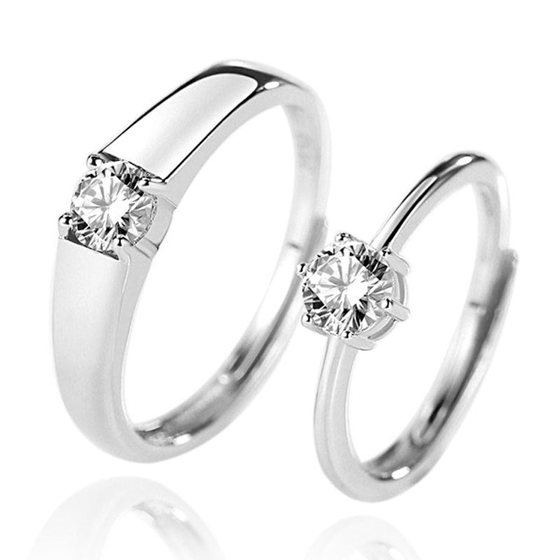 S925 Sterling Silver Couple Rings Set of 2 - Minimalist Original Design Engagement Wedding Bands with Sparkling Zircon Diamonds