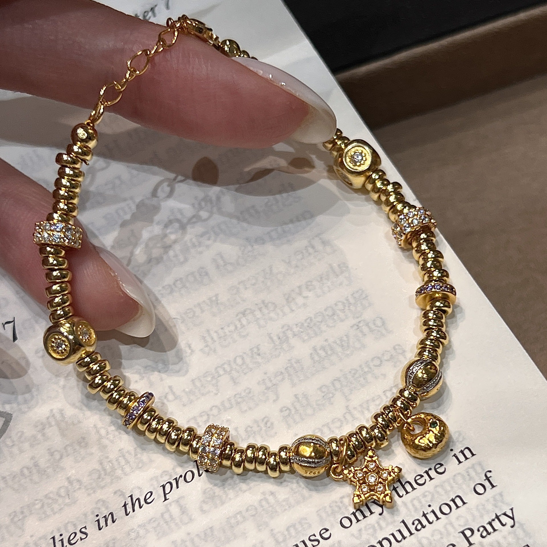 S925 Sterling Silver Gold Plated Star Bracelet - Intertwined Lock Charm Round Bead Unique Design Luxury Versatile Jewelry