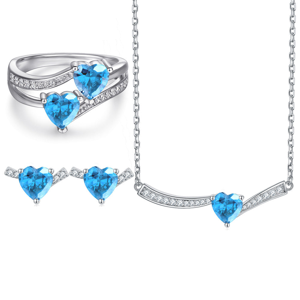 925 Sterling Silver Gemstone Set – Sapphire & Aquamarine Heart Jewelry