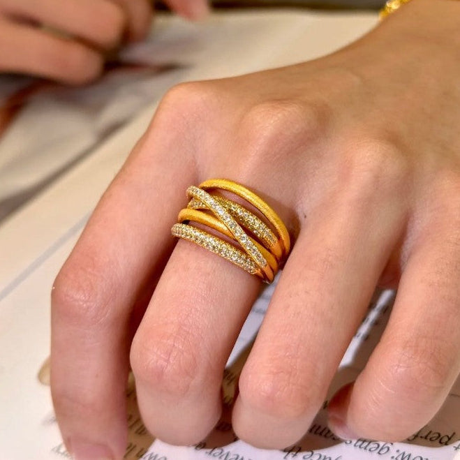 ‌Canary Stacking Ring for Women, Sterling Silver 18K Gold Plated Crisscross Vintage Ring with Diamond Accents