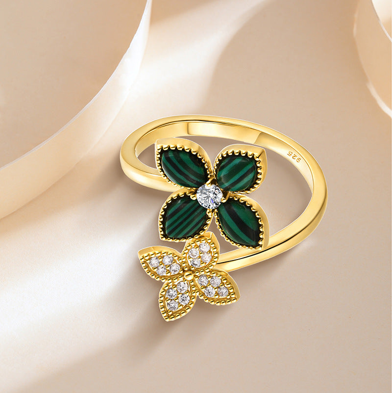 Adjustable Malachite Clover Ring | Four Leaf Luck Bohemian Statement Ring for Women
