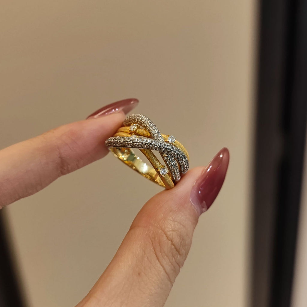 Sterling Silver Gold Plated Brushed Vine Ring - Oriental Vintage Openwork CZ Stone Elegant Versatile Band