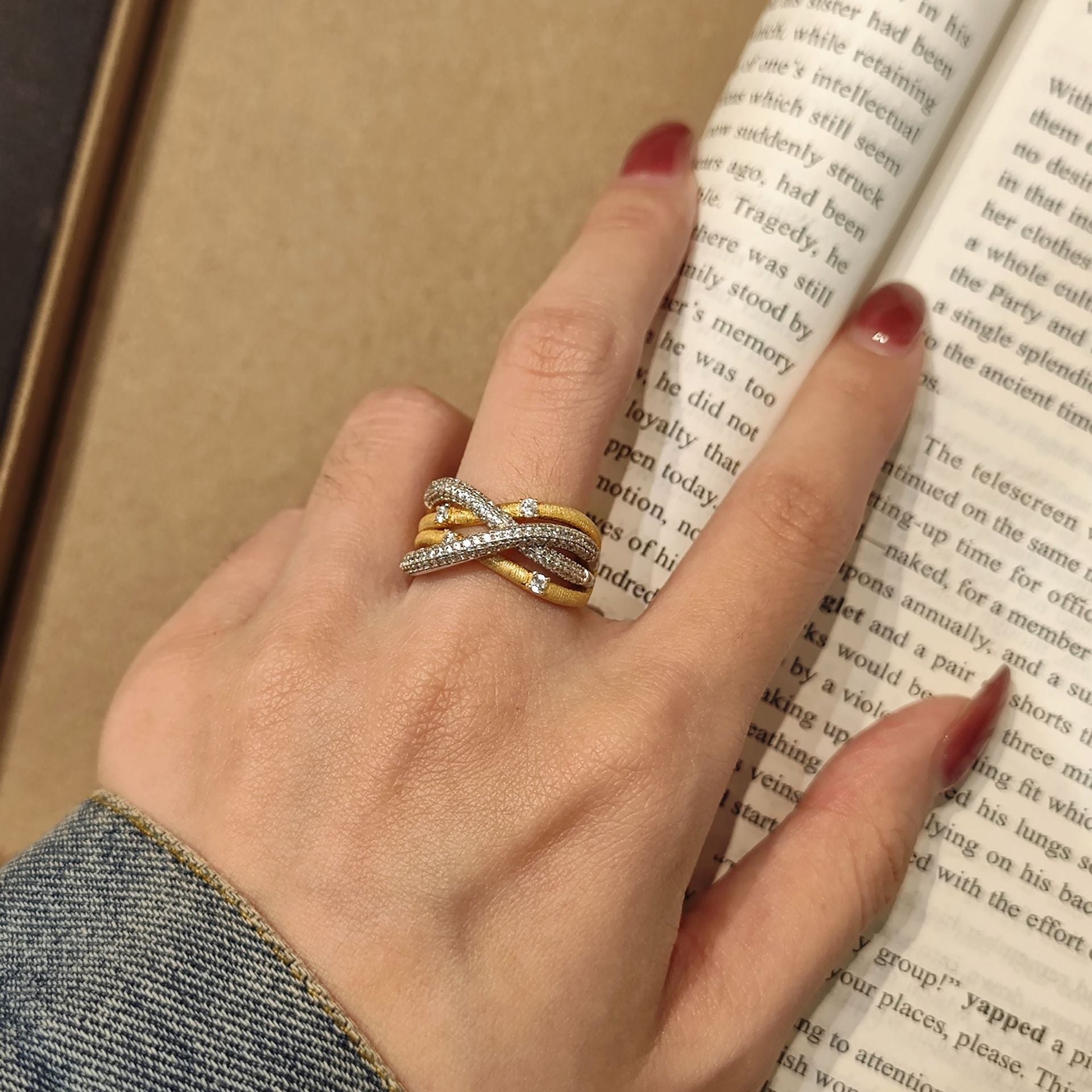 Sterling Silver Gold Plated Brushed Vine Ring - Oriental Vintage Openwork CZ Stone Elegant Versatile Band