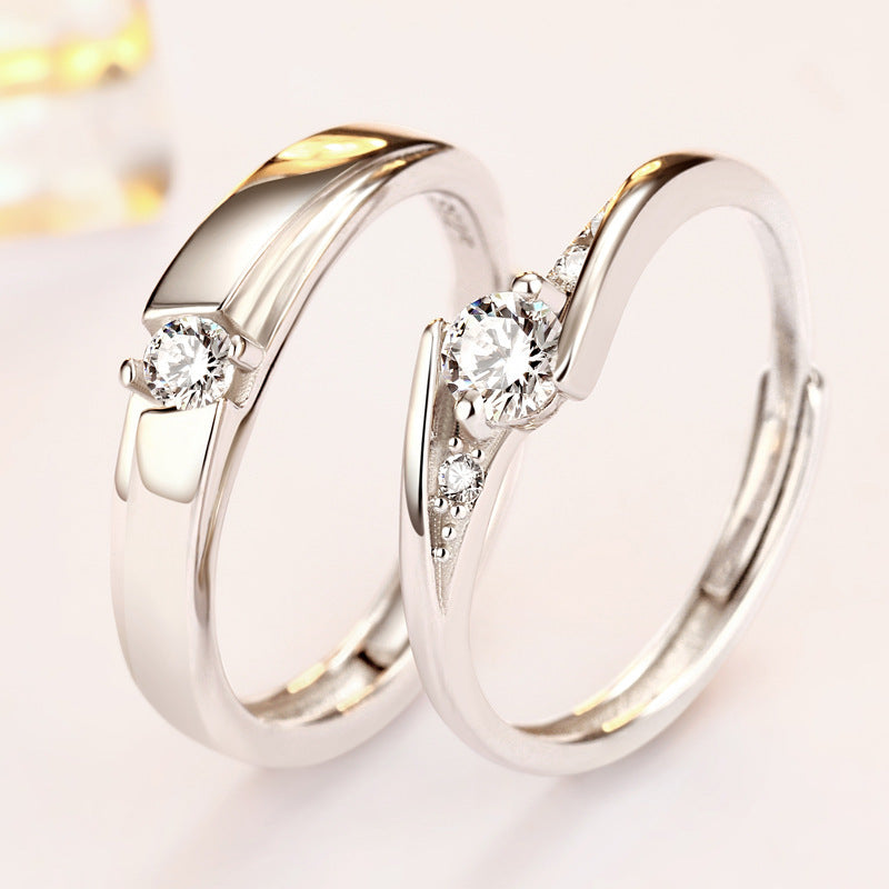 Matching CZ Promise Rings for Couples - 925 Silver Adjustable Stackable Bands (3-Layer Platinum Plated)