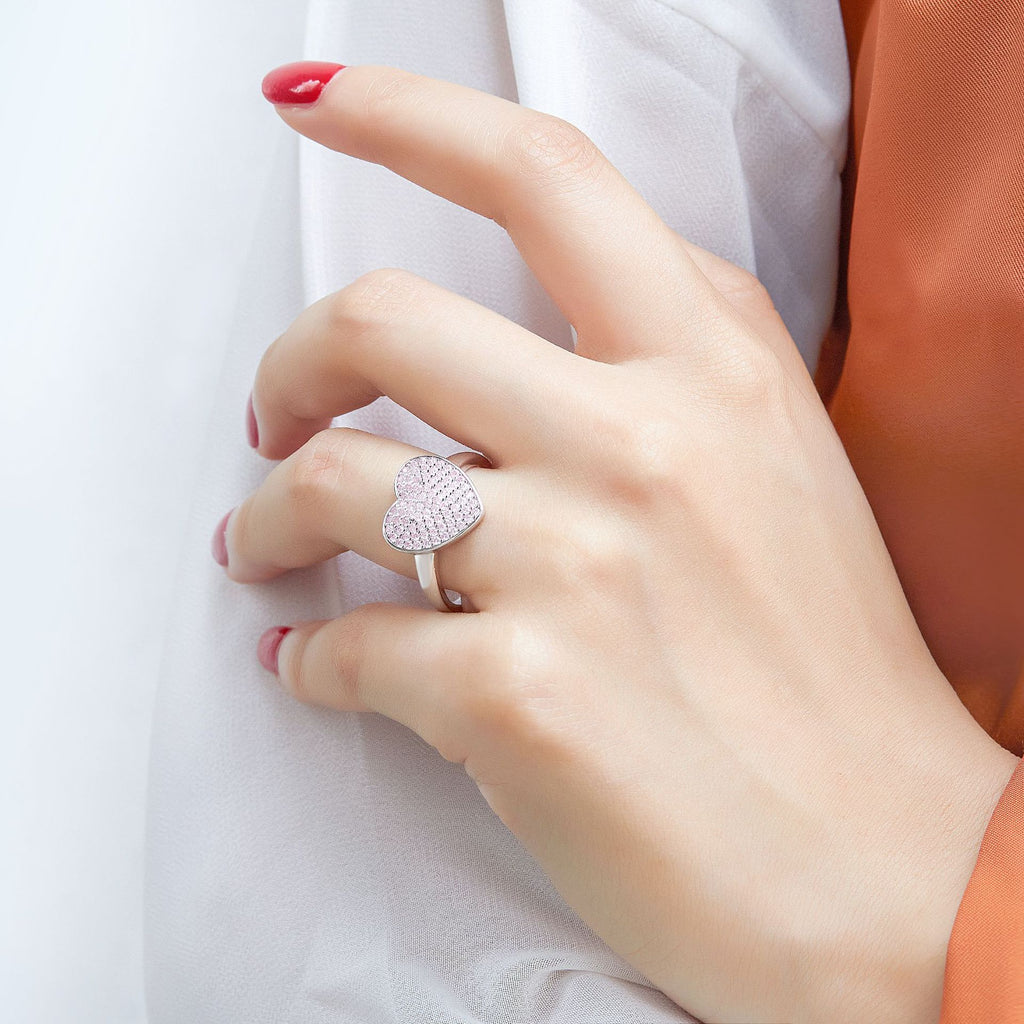 Large Heart 925 Sterling Silver Pink CZ Ring for Women - Heart-Shaped Single Band