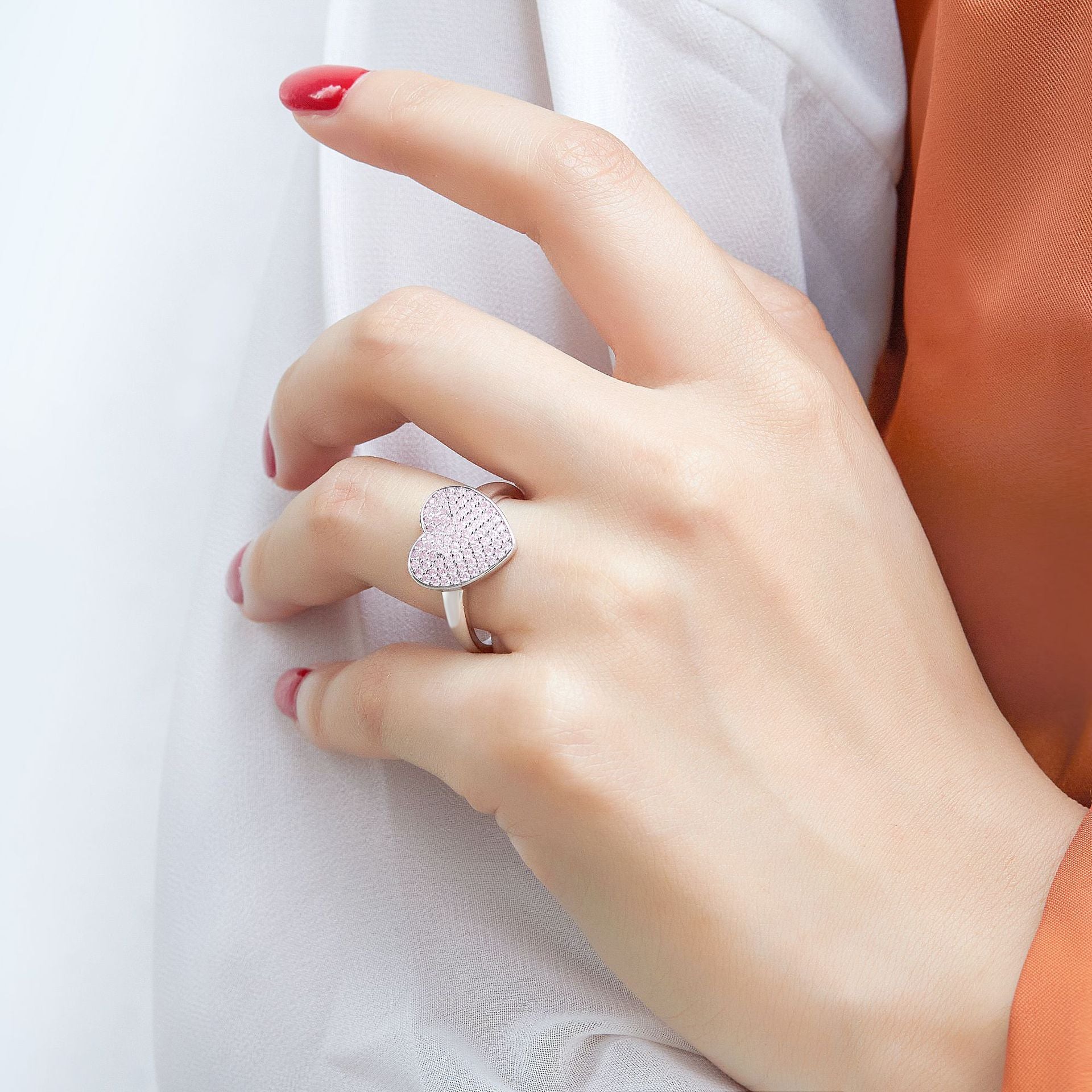 Large Heart 925 Sterling Silver Pink CZ Ring for Women - Heart-Shaped Single Band