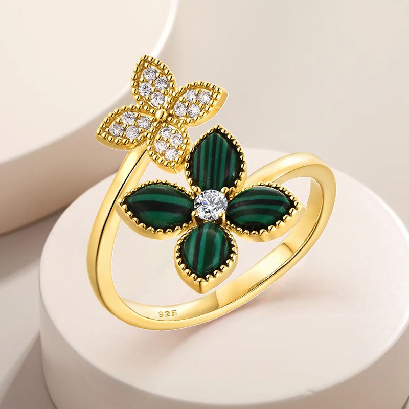 Adjustable Malachite Clover Ring | Four Leaf Luck Bohemian Statement Ring for Women