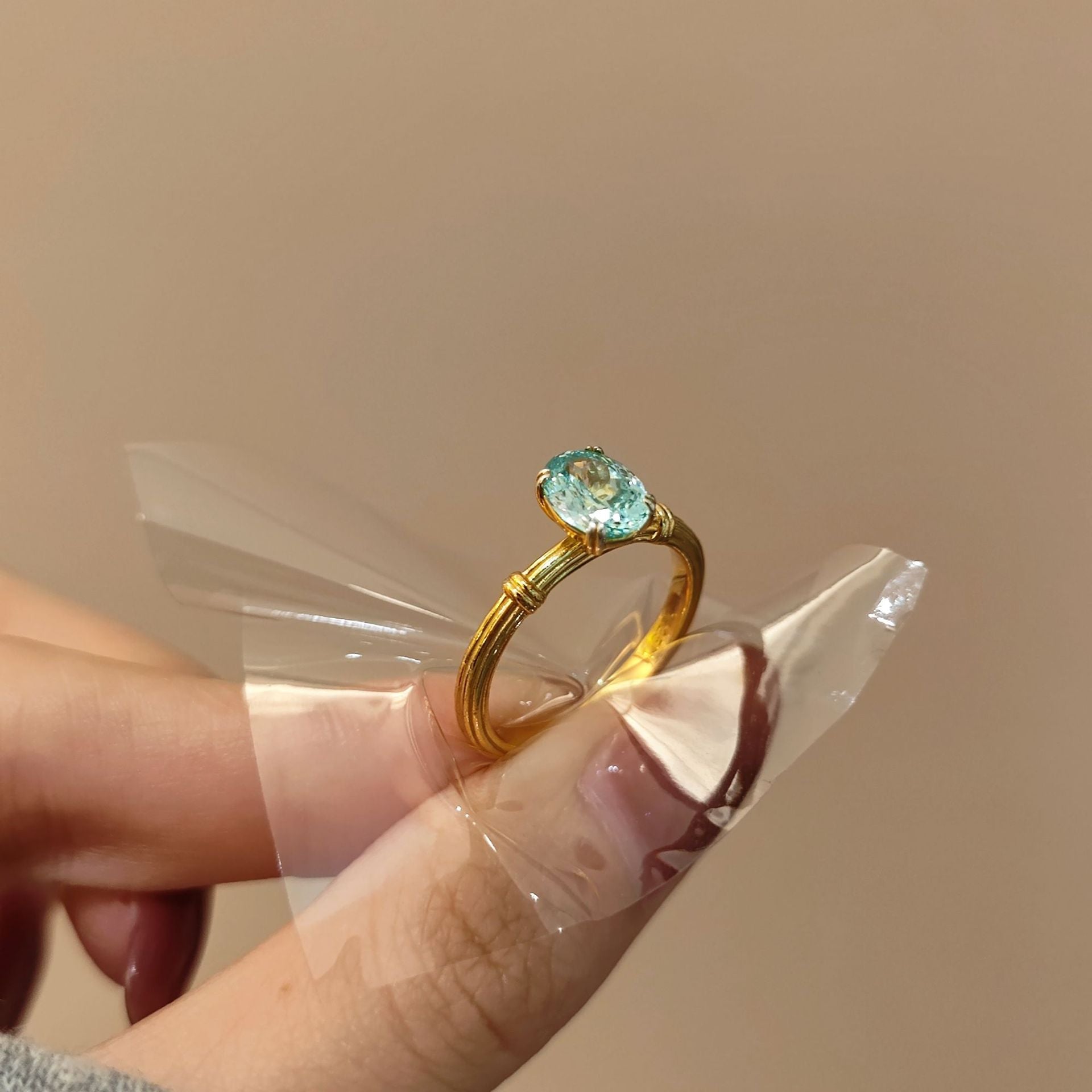 Aura 6x8mm Oval Cut Moissanite Ring for Women, Sterling Silver Gold Plated Paraiba Blue Stacking Ring, Dainty & Elegant Jewelry