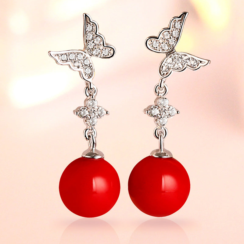 Bohemian S925 Pearl Butterfly Drop Earrings – Handmade Statement Earrings for Women, Hypoallergenic Gift