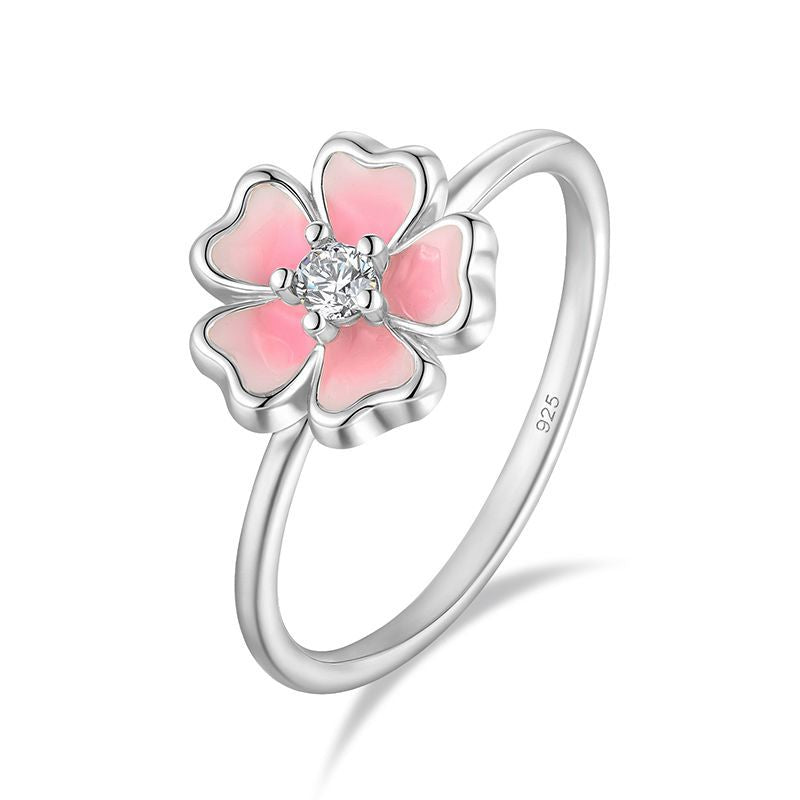 S925 Sterling Silver Cherry Blossom Resin Ring | Dainty Floral Stacking Ring for Women