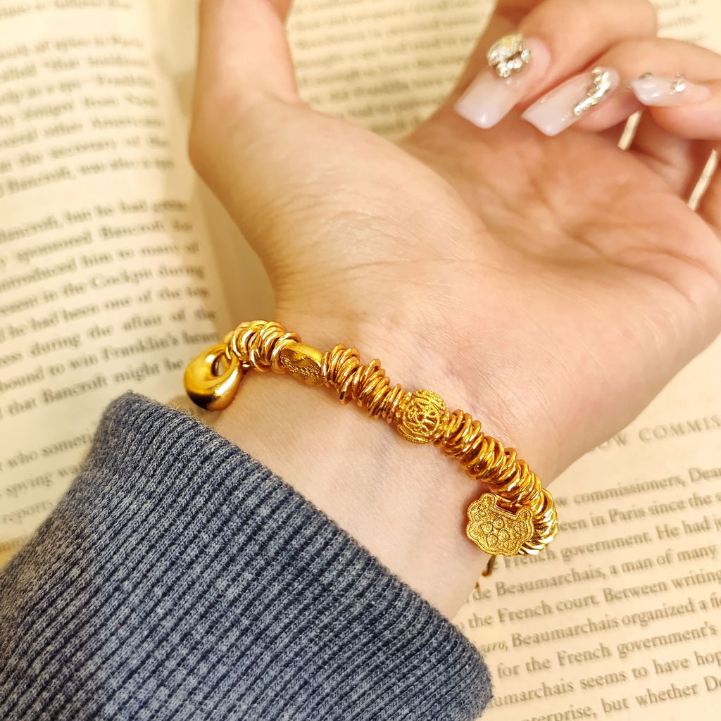 Wrapped Coin & Beaded Accents Bracelet, Gold Plated S925 Silver Boho Retro Jewelry