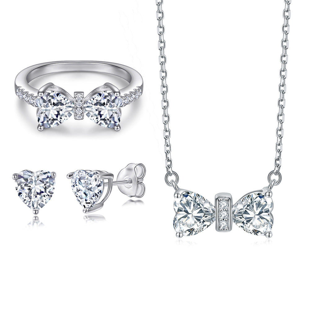925 Sterling Silver Love Set – Double Heart Ring, Butterfly Pendant & CZ Studs