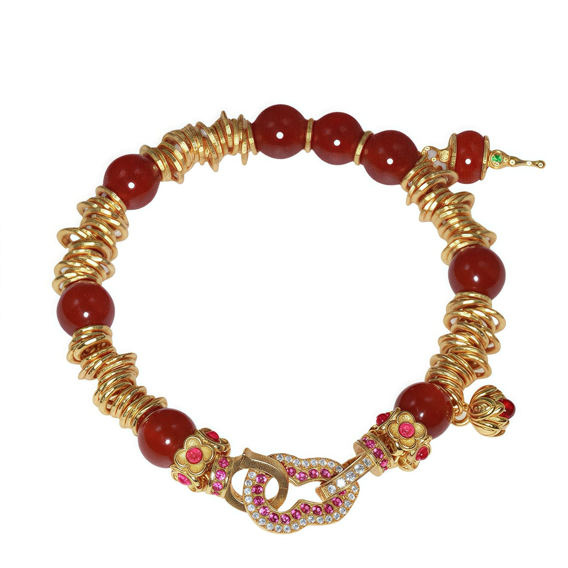 S925 Sterling Silver Gold Plated Red Agate Bracelet - Four Leaf Clover Intertwined Chain CZ Accent Delicate Beaded Bracelet