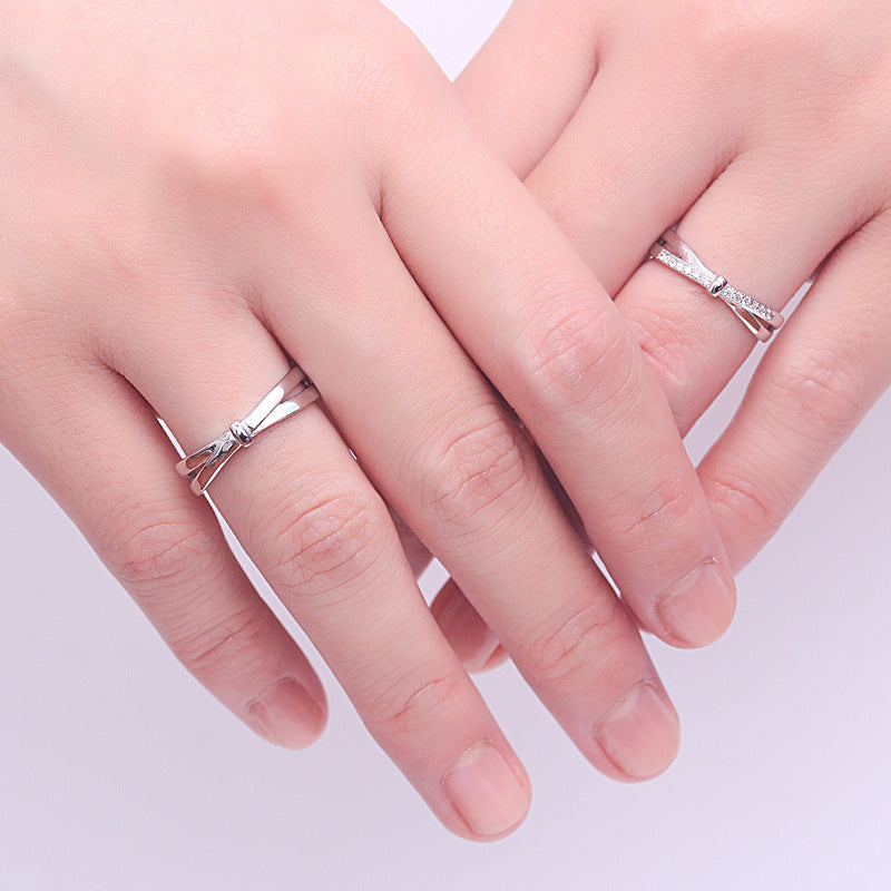 Couple's Matching Bow Ring Set - 925 Sterling Silver Adjustable CZ Wedding Bands (Trending on Instagram)