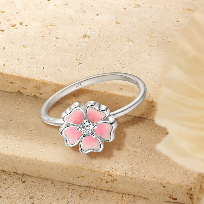 S925 Sterling Silver Cherry Blossom Resin Ring | Dainty Floral Stacking Ring for Women