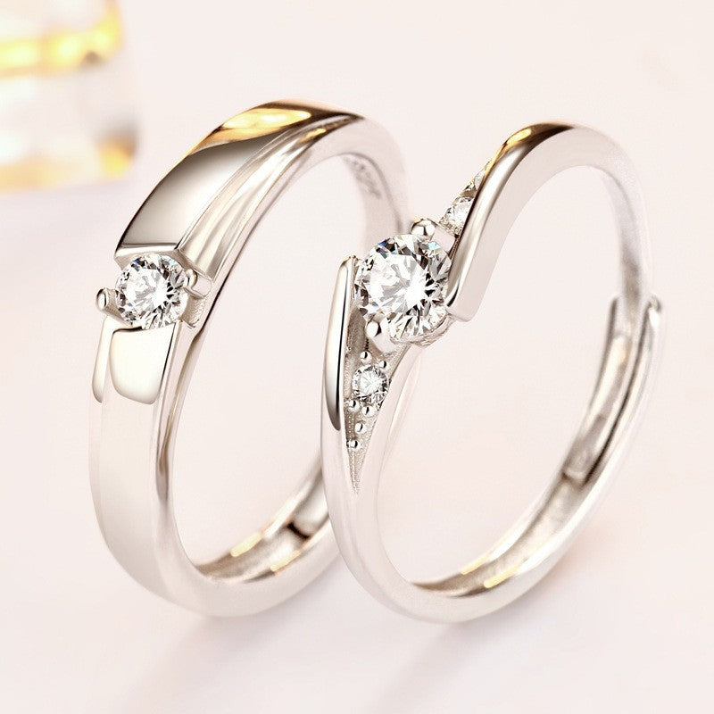 Matching CZ Promise Rings for Couples - 925 Silver Adjustable Stackable Bands (3-Layer Platinum Plated)