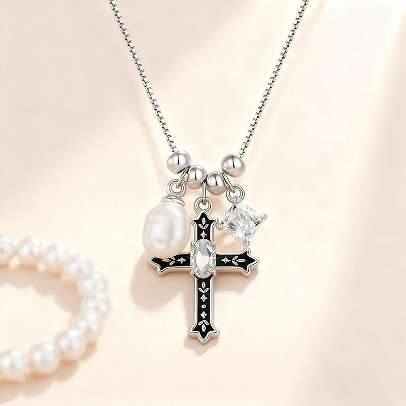 Vintage Distressed Cross Necklace - Unisex Minimalist Pendant with Pearl & Zircon, Dainty Stylish Collarbone Chain for Daily Wear