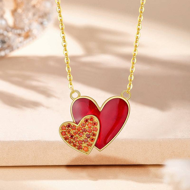Dainty 925 Sterling Silver Enamel Heart Necklace with Orange Zircon - Double Layer Collarbone Chain, Minimalist Versatile Jewelry