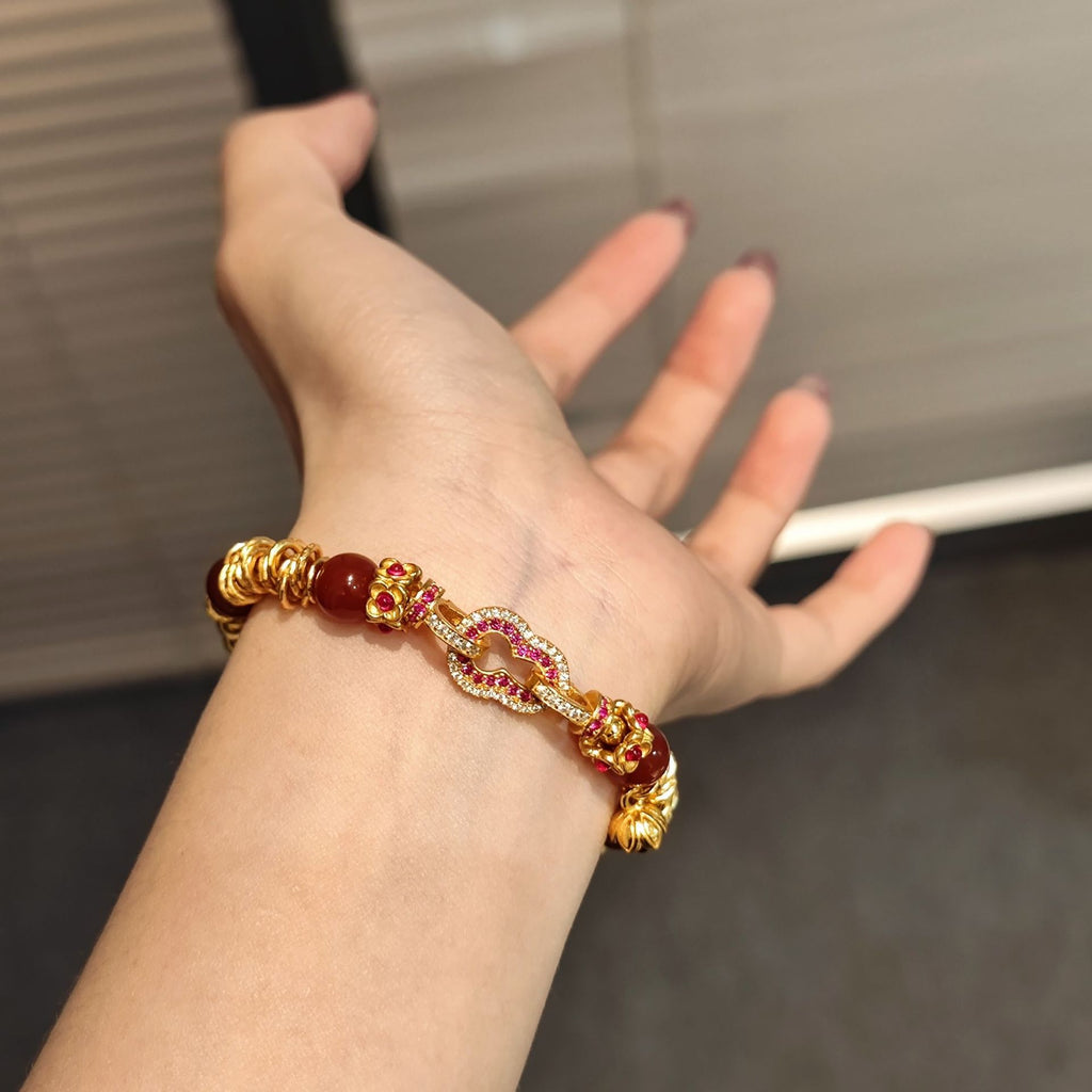 S925 Sterling Silver Gold Plated Red Agate Bracelet - Four Leaf Clover Intertwined Chain CZ Accent Delicate Beaded Bracelet